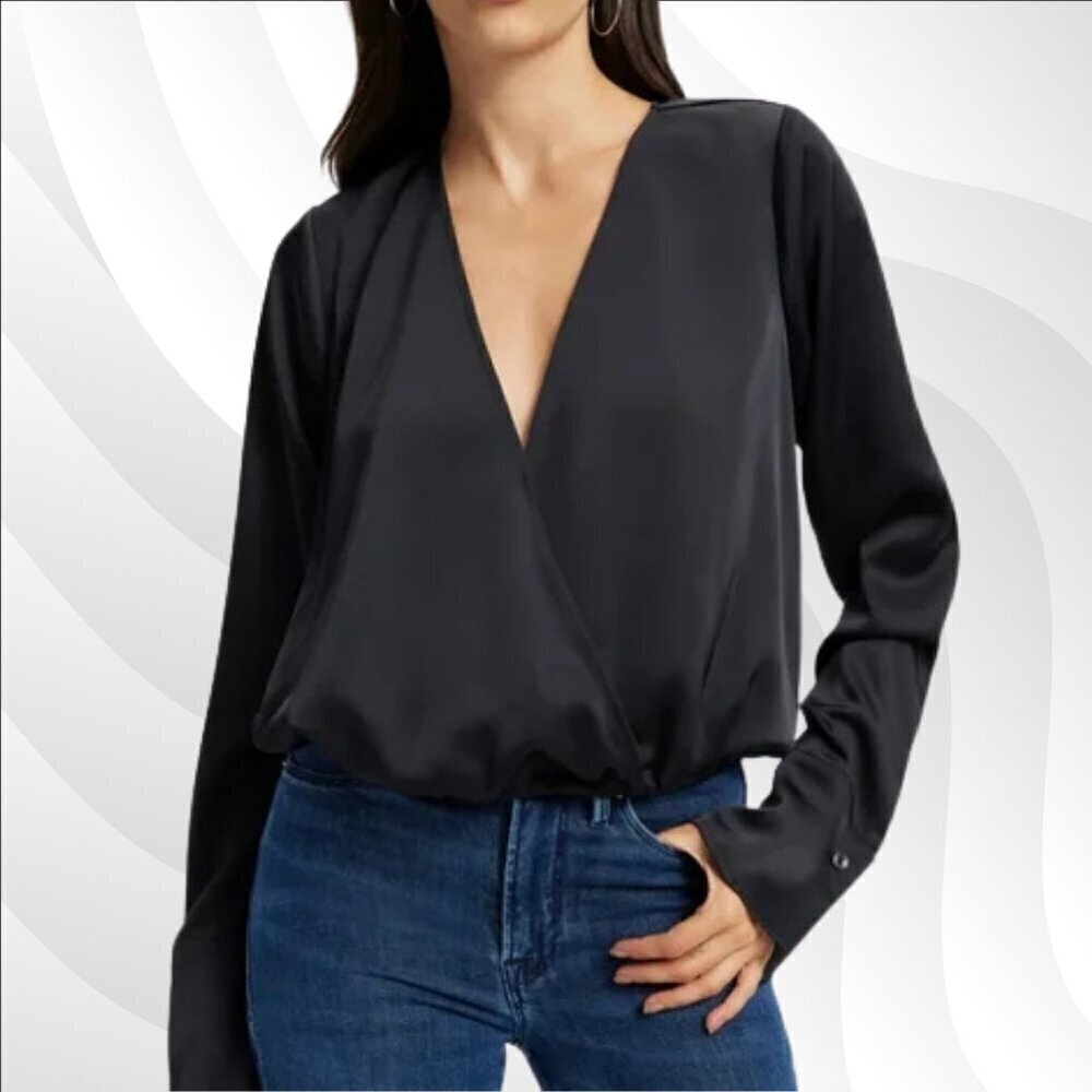 2/$50 Good American Black Satin Faux Wrap Long Sleeve Blouse Size 6